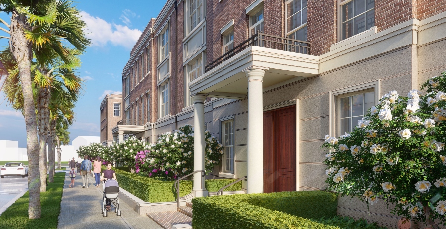 Amenities of the homes at The Charles will include wrought iron gates, oversized showers and access to some of the offerings at The Jasper nearby, including its fitness center and rooftop pool. (Rendering/The Beach Co.)