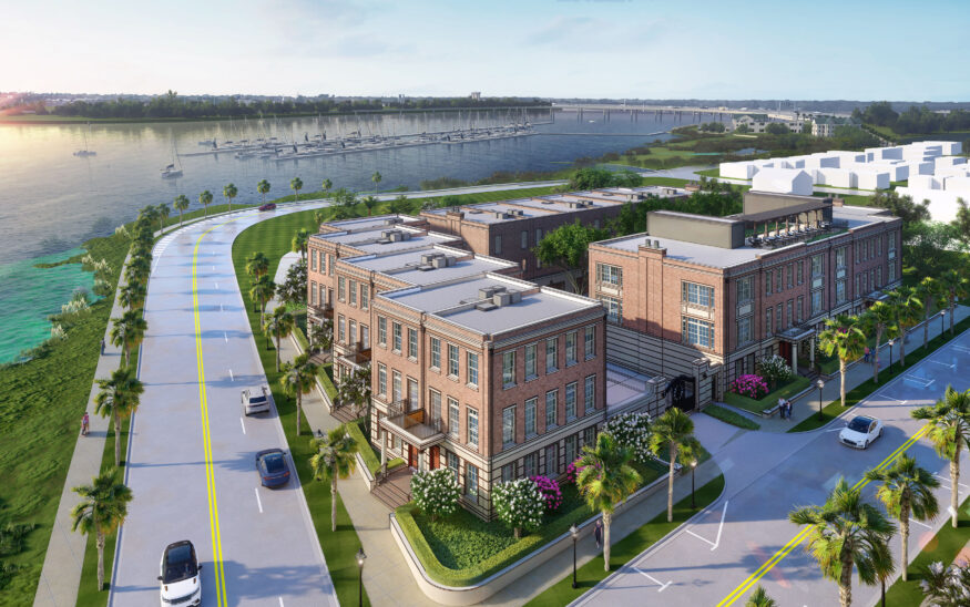 The new community under construction by The Beach Co. will provide views of the Ashley River and Safe Harbor City Marina. (Rendering/The Beach Co.)