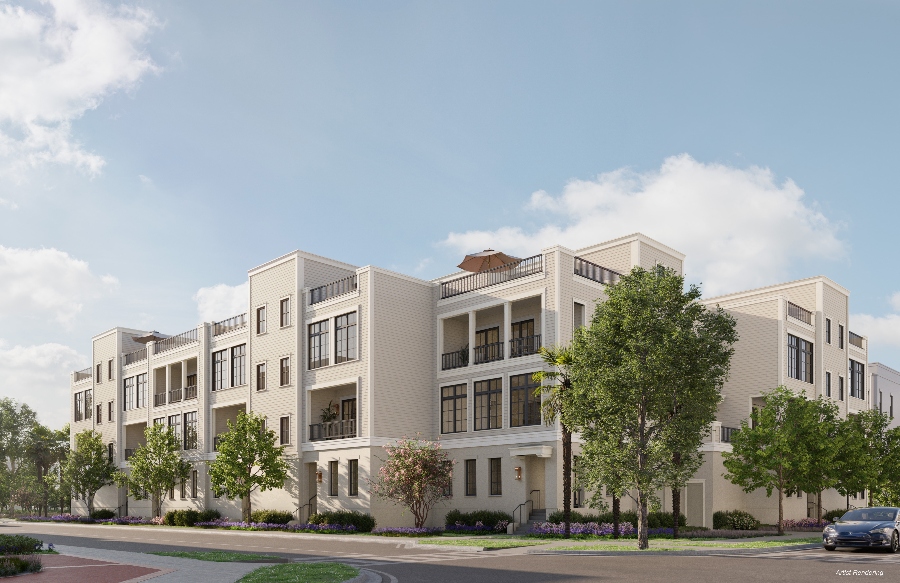 Set among the Waterfront village, the 11 Sanderling townhomes offer multiple levels of indoor and outdoor living space, ground-floor bedroom suites, and a two-car garage in each unit. (Photo/East West Partners)