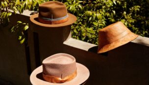 Sometimes called “mushroom leather,” the material manufactured by MycoWorks, used in these hats by designer Nick Fouquet is based on a technology that uses mycelium, the vegetative part of a fungus. (Photo/Aysia Stieb)